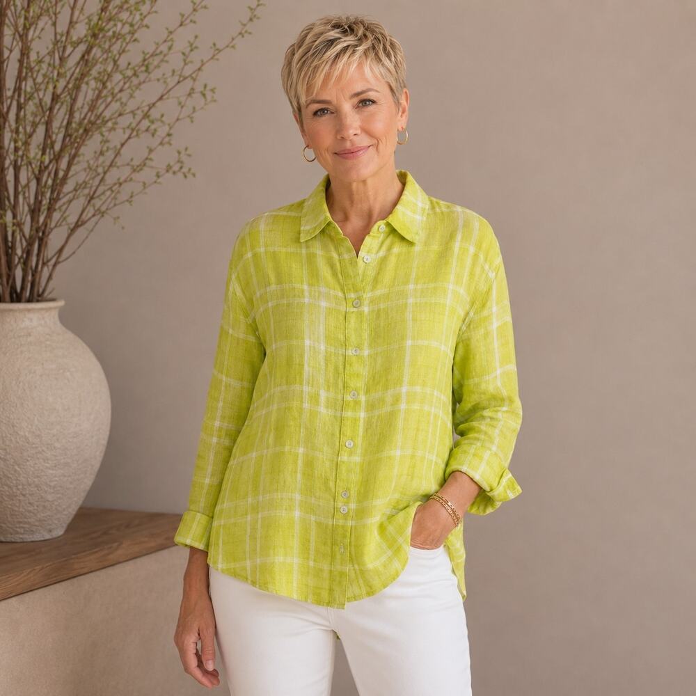 Multiples Green White Plaid Lagenlook Button Top Large